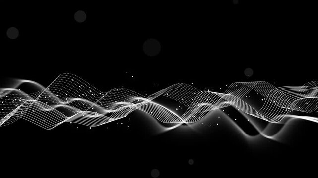 Abstract soundwave lines background with particle dots neon digital audio visualization animation