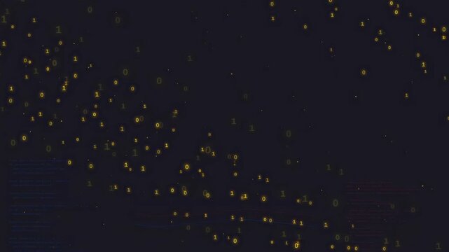 Abstract Digital Data Stream with Golden Binary Code Particles on Dark Technological Background