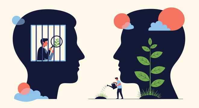 Comparison between fixed and growth mindset shows one person caged while another waters a flourishing green plant inside a human head profile.