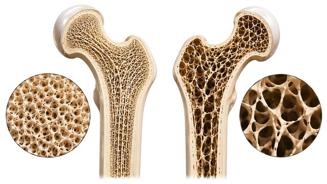 Healthy Bone vs Osteoporosis Femur Cross Section Comparison, Realistic Human Bone Density Loss Anatomy, Medical Illustration Isolated on White Background.