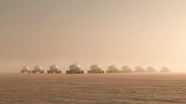 A long line of futuristic white exploration vehicles sits parked across a flat dusty desert landscape under a hazy orange sky