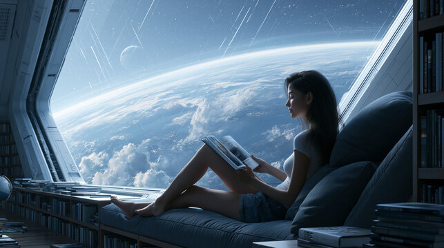 Young woman sits on a comfortable sofa and reads a book inside a futuristic room with a large window overlooking planet earth in outer space