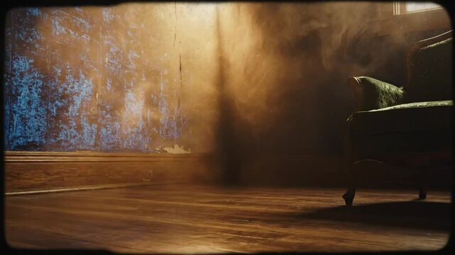 Dust motes dance in sunbeams of a mysterious room with an antique armchair, vintage film effect.
