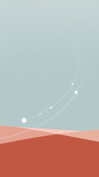 Minimalist digital illustration showing curved white lines and geometric shapes representing a planetary orbit over a simple desert landscape