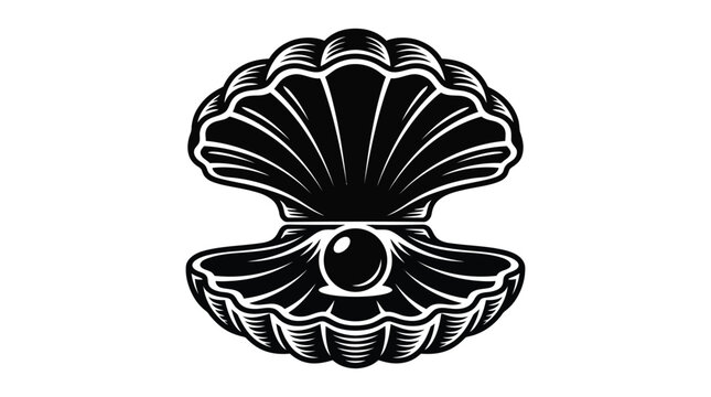 Open seashell with pearl black and white silhouette illustration