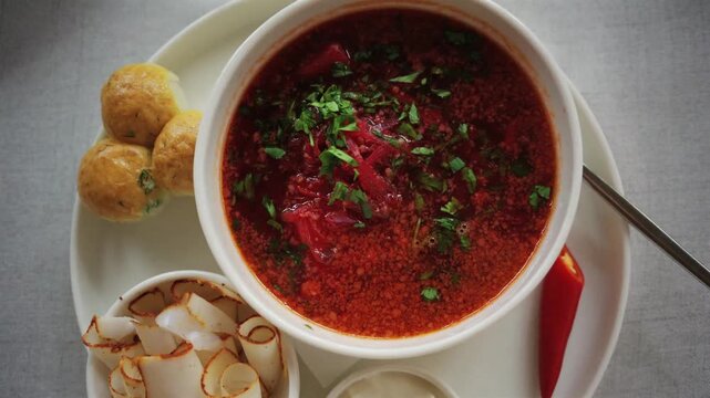 Top view of traditional ukrainian borscht served with garlic rolls and lard.