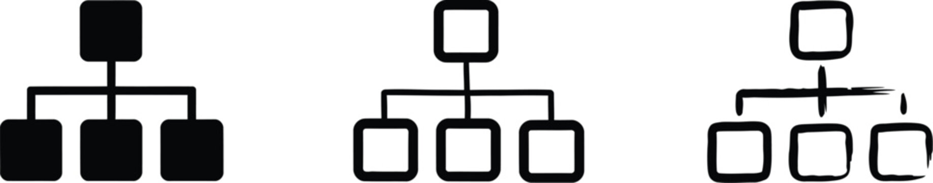 Flowchart Icon Set with Hierarchy Structure in Solid, Outline, and Hand Drawn Styles for Process Mapping.