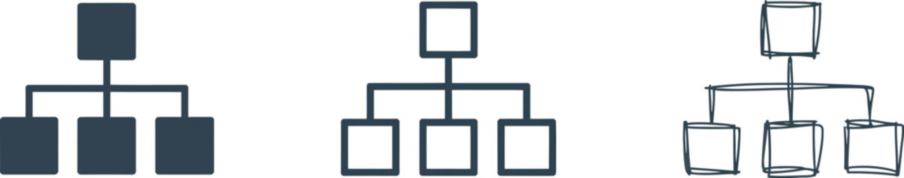Flowchart Icon Set with Hierarchy Structure in Solid, Outline, and Hand Drawn Styles for Process Mapping.