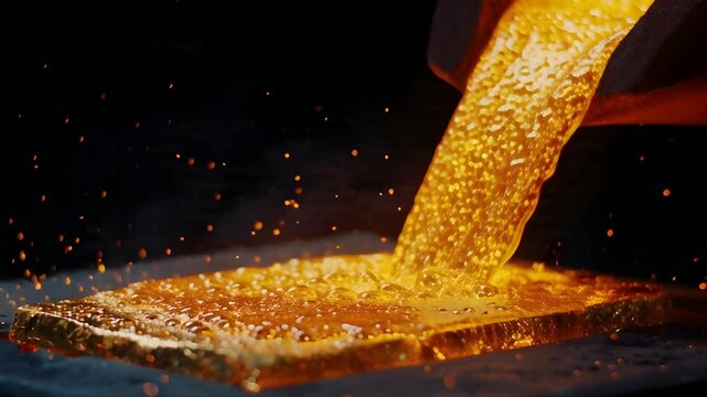 Molten metal being poured into a casting mold in foundry
