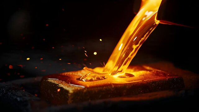 Molten metal being poured into a mold in a foundry