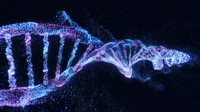 Abstract digital dna double helix structure with glowing particles on black background