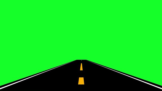 Moving forward asphalt road animation with white markings on chroma key green screen background, 4k loopable first person perspective video.