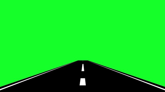 Moving forward asphalt road animation with white markings on chroma key green screen background, 4k loopable first person perspective video.