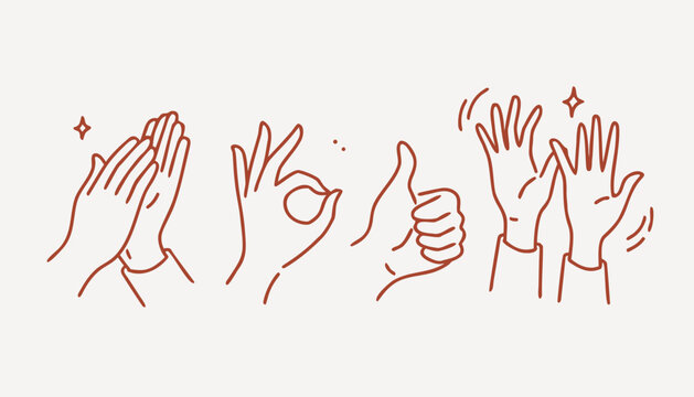 Outline hands show applause okay thumbs up gestures during celebration against neutral background