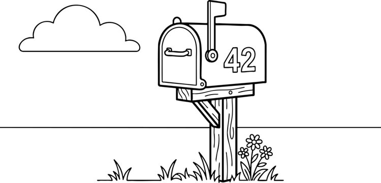 Outline illustration of a mailbox on a wooden post for coloring