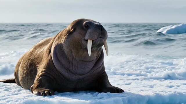 Walrus resting on icy shoreline with tusk exposed near ocean waves