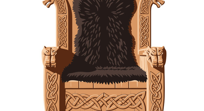 Ornate wooden viking throne with intricate celtic knotwork carvings and dark fur seat cushion illustration