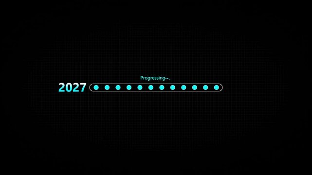 Businessman touching digital progress bar from 2027 to 2028 symbolizing future planning, strategic transition, innovation, and growth with focus on leadership, success,4k animation on black background