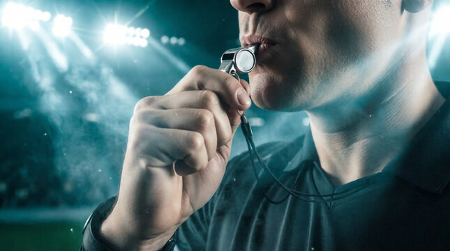 Close-up of referee blowing silver whistle at packed floodlit stadium.