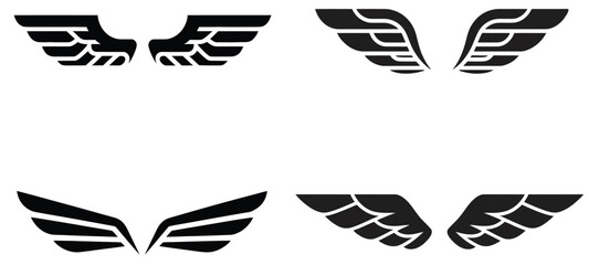 Spread bird wings silhouettes set vector illustration isolated on white background angelic heraldic tattoo graphic design layout elements © AMELIA