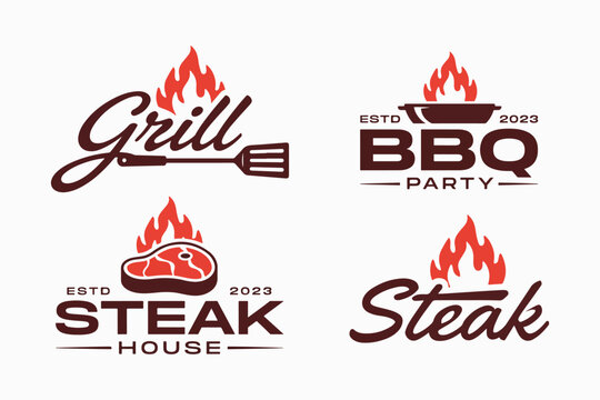 BBQ grill, steak house, restaurant logos, vector icons, food labels