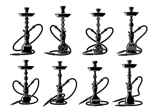 Set of black hookah waterpipe illustrations