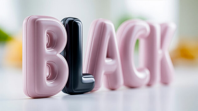 Word BLACK with contrasting black letter among pink letters. Concept of race, diversity, identity, inclusion, equality, social awareness and representation.