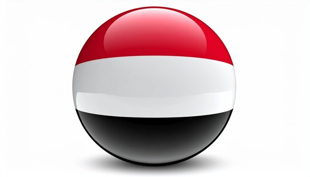 Glossy spherical Yemen flag with red, white, and black stripes, symbolizing national pride, unity, resilience, and modern global identity.