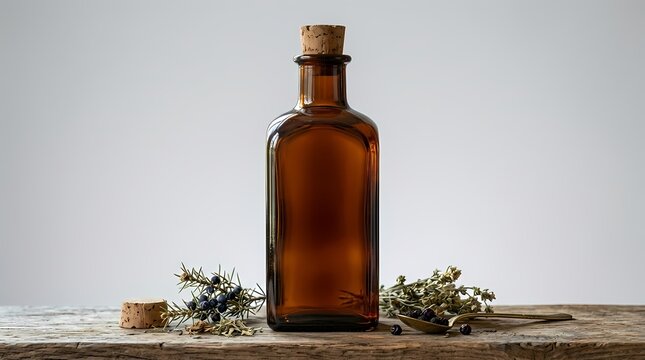 Amber Glass Bottle with Cork Stopper and Dried Herbs on Rustic Wooden Surface