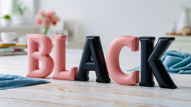Word BLACK with contrasting black letter among pink letters. Concept of race, diversity, identity, inclusion, equality, social awareness and representation.