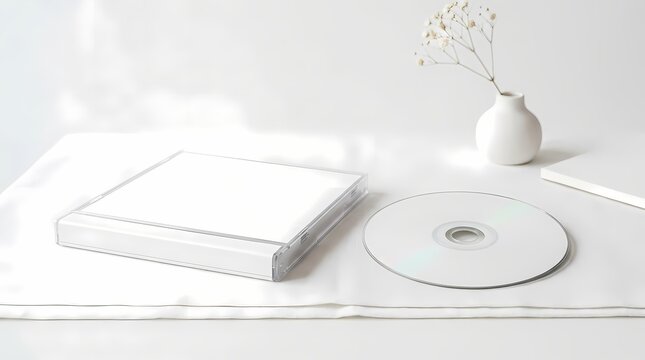 White CD DVD Disc and Case Mockup on White Table with Vase Minimalist