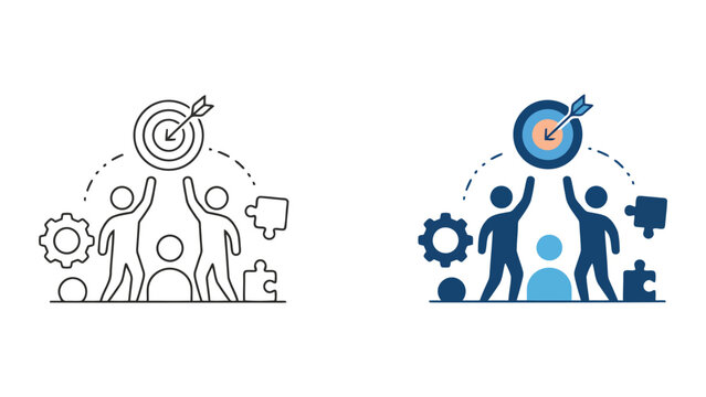 Business team achieving goal target illustration with puzzle pieces and gear icons for corporate strategy and effective teamwork concept in minimalist line art style on white background
