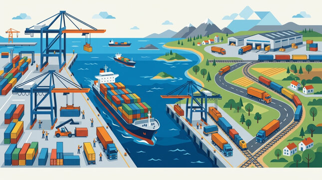 Busy shipping port with cargo ships and cranes loading containers onto trucks and trains.