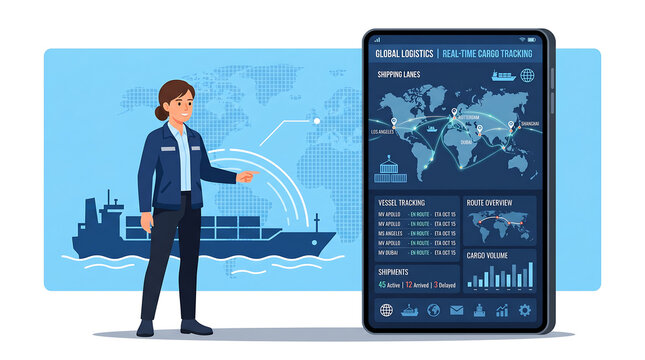 Flat vector illustration of a logistics manager tracking global cargo shipments on a digital interface