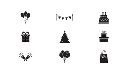 Fototapeta premium Set of black birthday celebration icons with balloons presents cake and christmas tree.