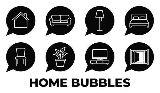 Black speech bubbles with white line icons of home furniture and objects house sofa lamp bed chair.