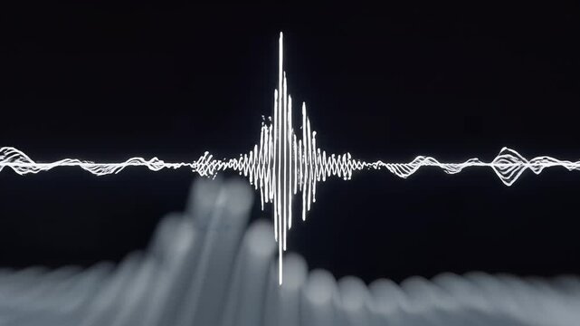 Abstract digital sound wave visualisation with central peak and flowing ripples on dark background