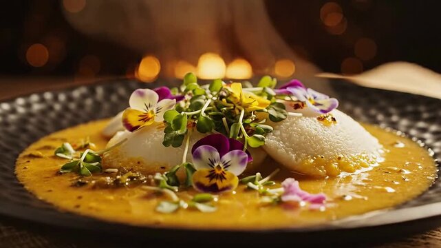 Gourmet Dumplings Topped With Edible Flowers And Microgreens Served On Elegant Plate In Warm, Blurred Background Ideal For Fine Dining Menus