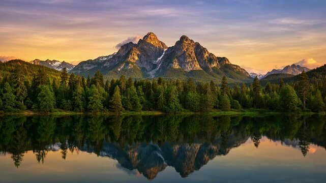 Mountain range at sunset lake.