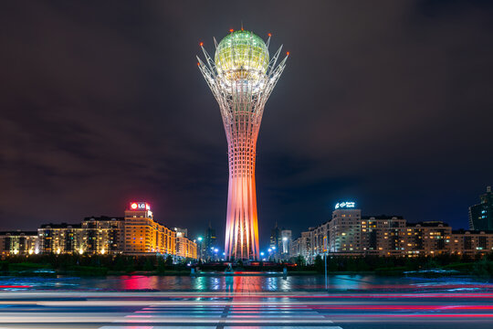 View of the central part of the capital of Kazakhstan, Astana, on a picturesque cloudy evening with the symbolic tower of Baiterek