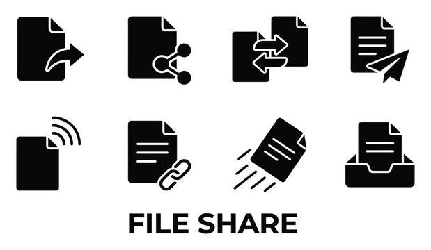 File share concepts with solid icons demonstrating document transfer and digital data exchange methods.