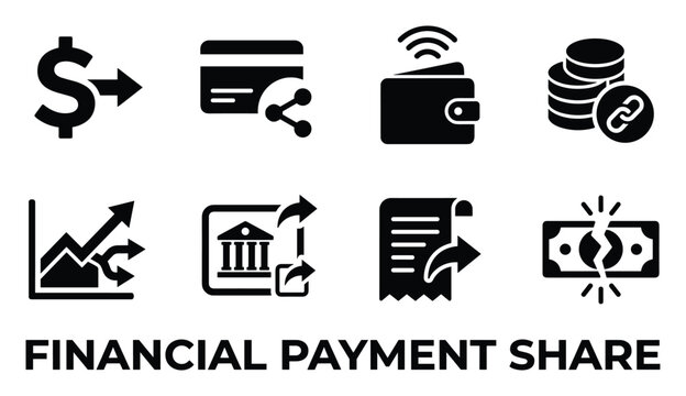 Financial payment share icons solid black depicting money movement and transactions.