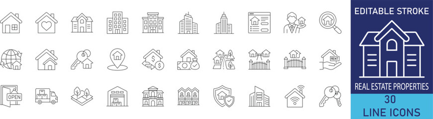 Real estate properties and modern housing line icon set. Vector symbols for residential buildings, commercial architecture, apartment rental, home sales, and property mortgage. © MD