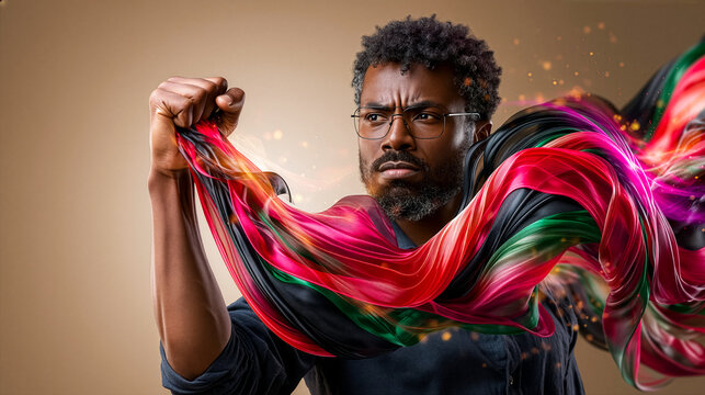 Raised fist wrapped in flowing red, yellow, green colors symbolizing black history month, equality, diversity and human rights. Powerful concept of unity, inclusion and social justice