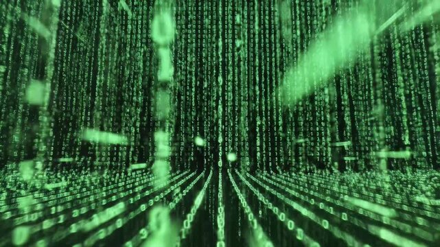 Abstract digital matrix code with glowing green vertical lines on black background