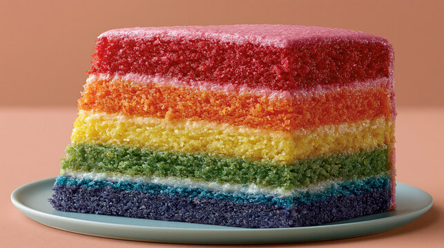 Ultra-sharp image of a perfectly layered rainbow cake slice, texture visible,