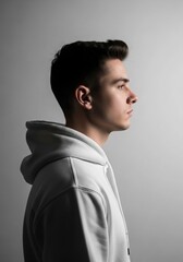Obraz premium Young man profile portrait in white hoodie studio lighting neutral background contemporary fashion