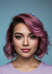Fototapeta premium Portrait of a young woman with wavy pink hair looking confidently at the camera for hair styling brands, female empowerment social media and beauty advertising