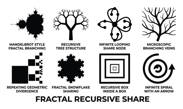 Fractal recursive share patterns collection for abstract geometric designs and complex natural structures.