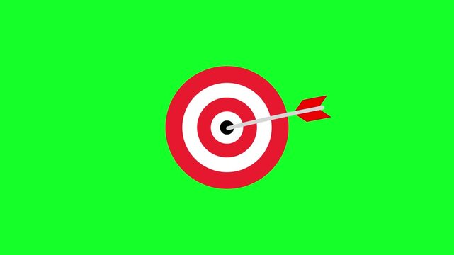 Animated target board icon with an arrow hitting the bullseye on chroma key green screen, 4k loopable motion graphic for goal concept.